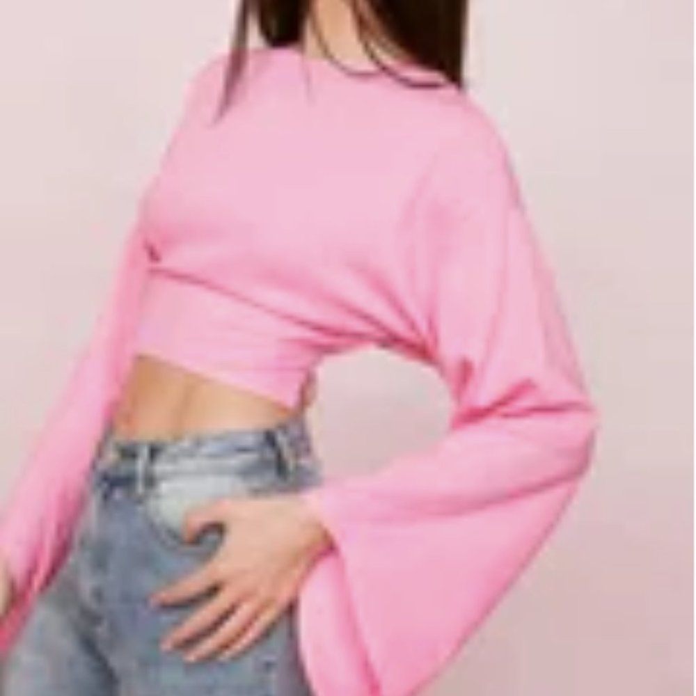 Pink Wide Sleeve High Neck Tie Waist Crop Top